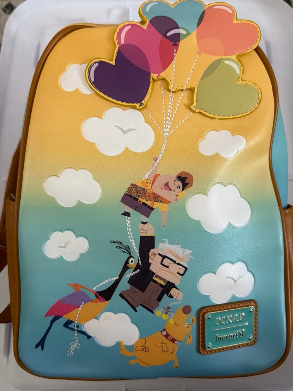 Loungefly Pixar Up Gradient Yellow Teal Backpack with Multicolor Heart Balloons